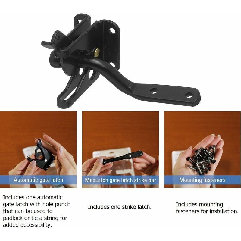 Verrou de Portail Verrouillage automatique-Serrure Métal à Boulon-Loquet Acier à Gravité Clôture Jardin-Noir-Vis de Fixation Fournis - 3