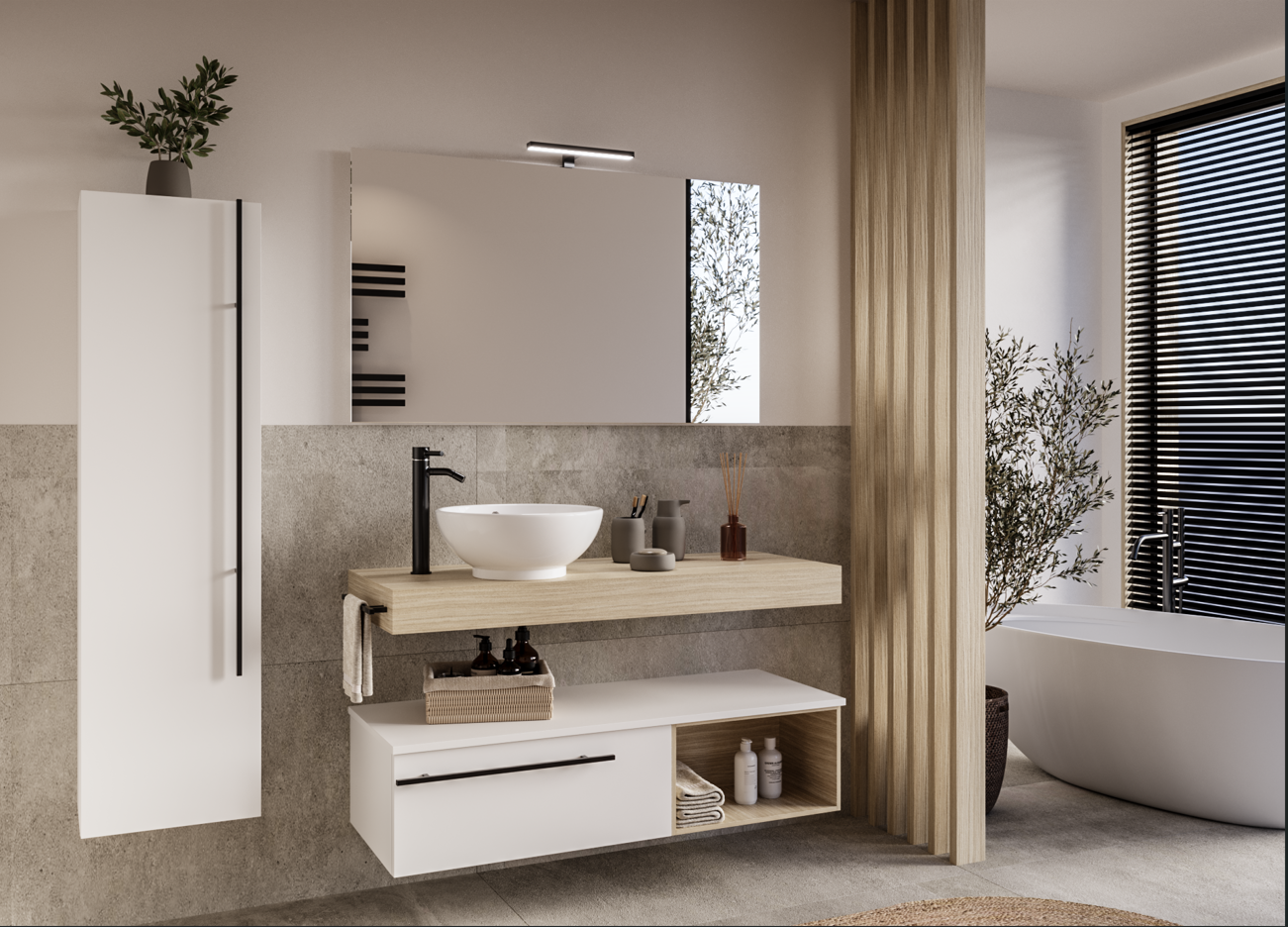 Lomadox Set Mobile Bagno Completo – Rovere Wotan – Lavabo In Ceramica, Specchio LED E 3 Pensili – Con Cassetti Softclose