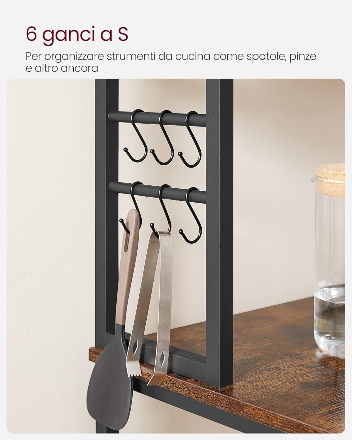Scaffale Cucina, Supporto per Microonde, 6 Ripiani, 6 Ganci, Acciaio, Industriale, 40 x 80 x 167 cm, Marrone e Nero - 7
