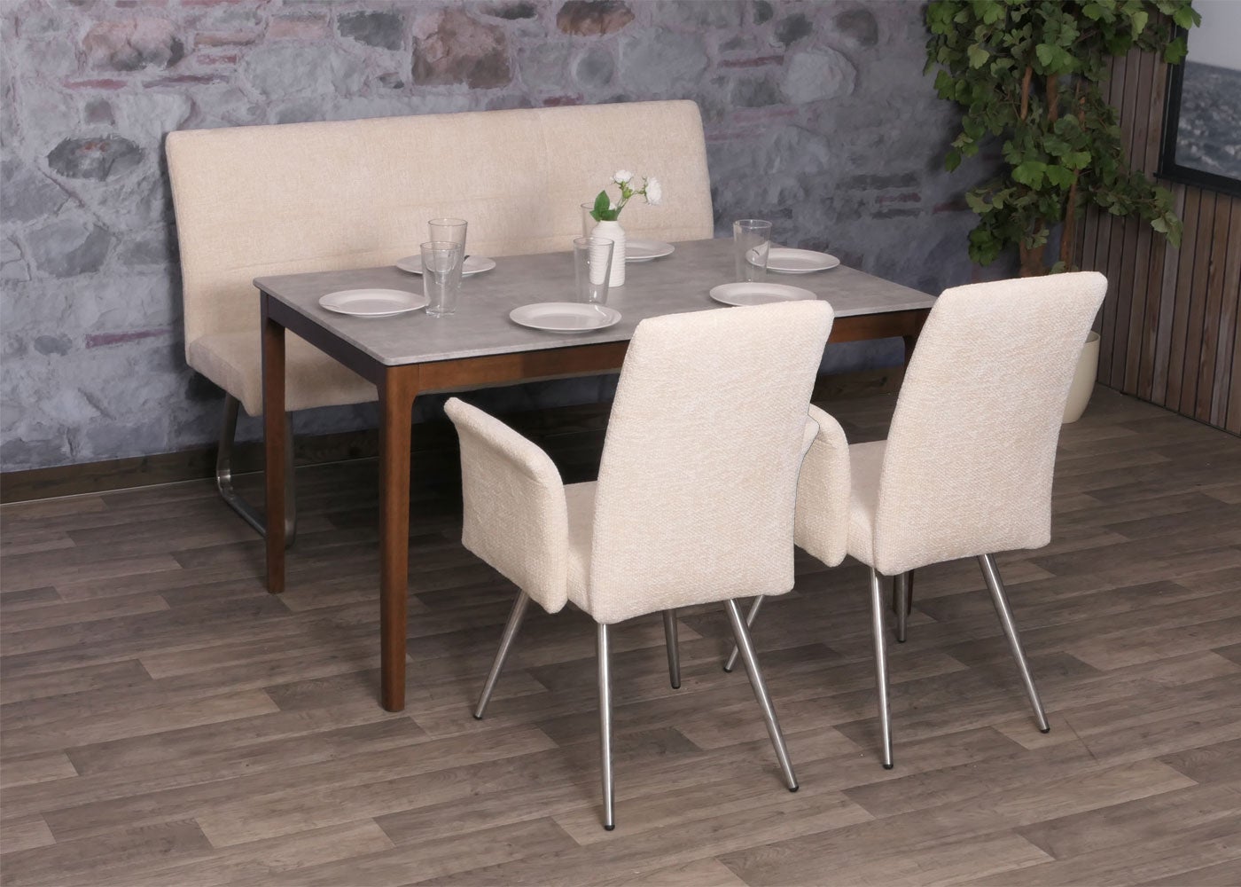 Set sala da pranzo HWC-G55, 2 sedie con braccioli + panca 160cm, acciaio inox stoffa/tessuto ciniglia ~ avorio - 3