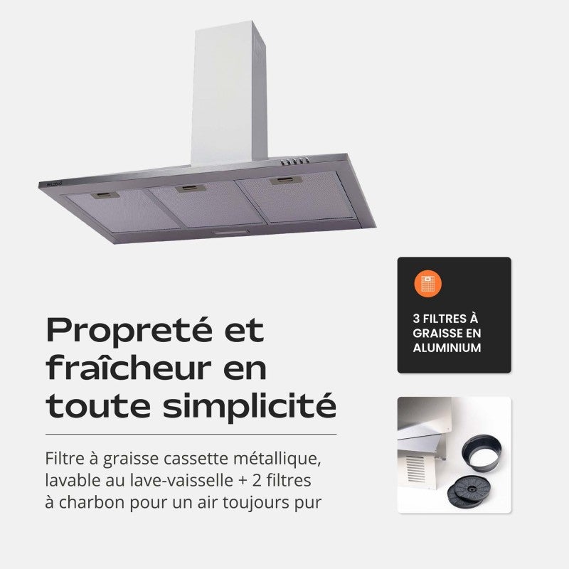 Hotte de Cuisine Décorative Inox 90cm - Pyramide 338 m3/h - Evacuation ou Recyclage - 7