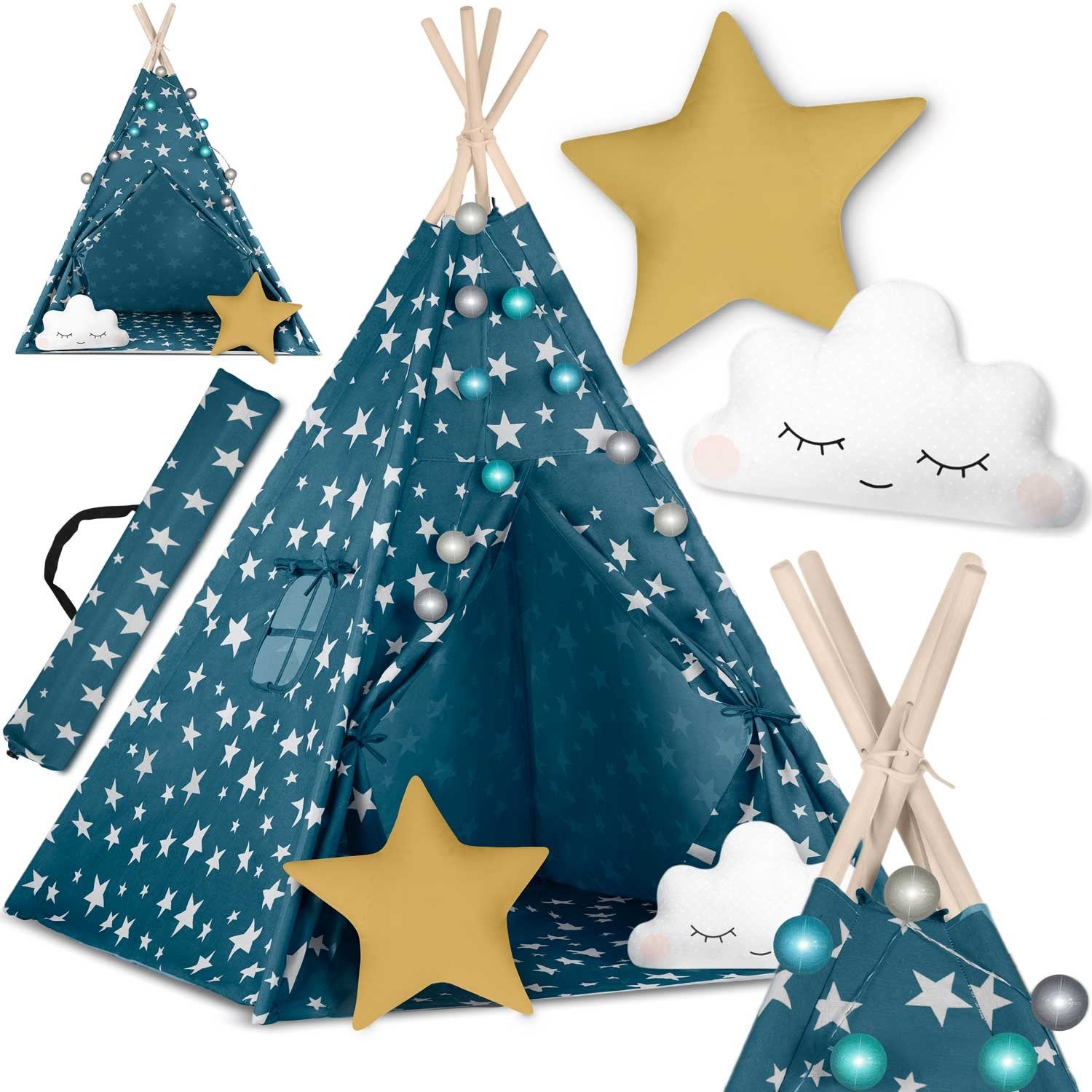 Tipi namiot wigwam dla dzieci Nukido TEEPEE niebieski poduszki lampki pokrowiec