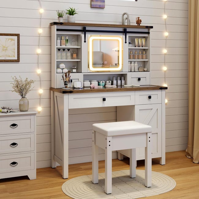 BEWISHOME Toeletta Trucco con Luci LED a Luminosità Regolabile e Prese,Grande Tavolo da Trucco con Specchio, Cassetti, Scomparti Aperti, Postazione Trucco,Toilette Trucco con Sgabello, Bianco EFST25W BEWISHOME Toeletta Trucco con Luci LED a Luminosità Regolabile e Prese,Grande Tavolo da Trucco con Specchio, Cassetti, Scomparti Aperti, Postazione Trucco,Toilette Trucco con Sgabello, Bianco EFST25W