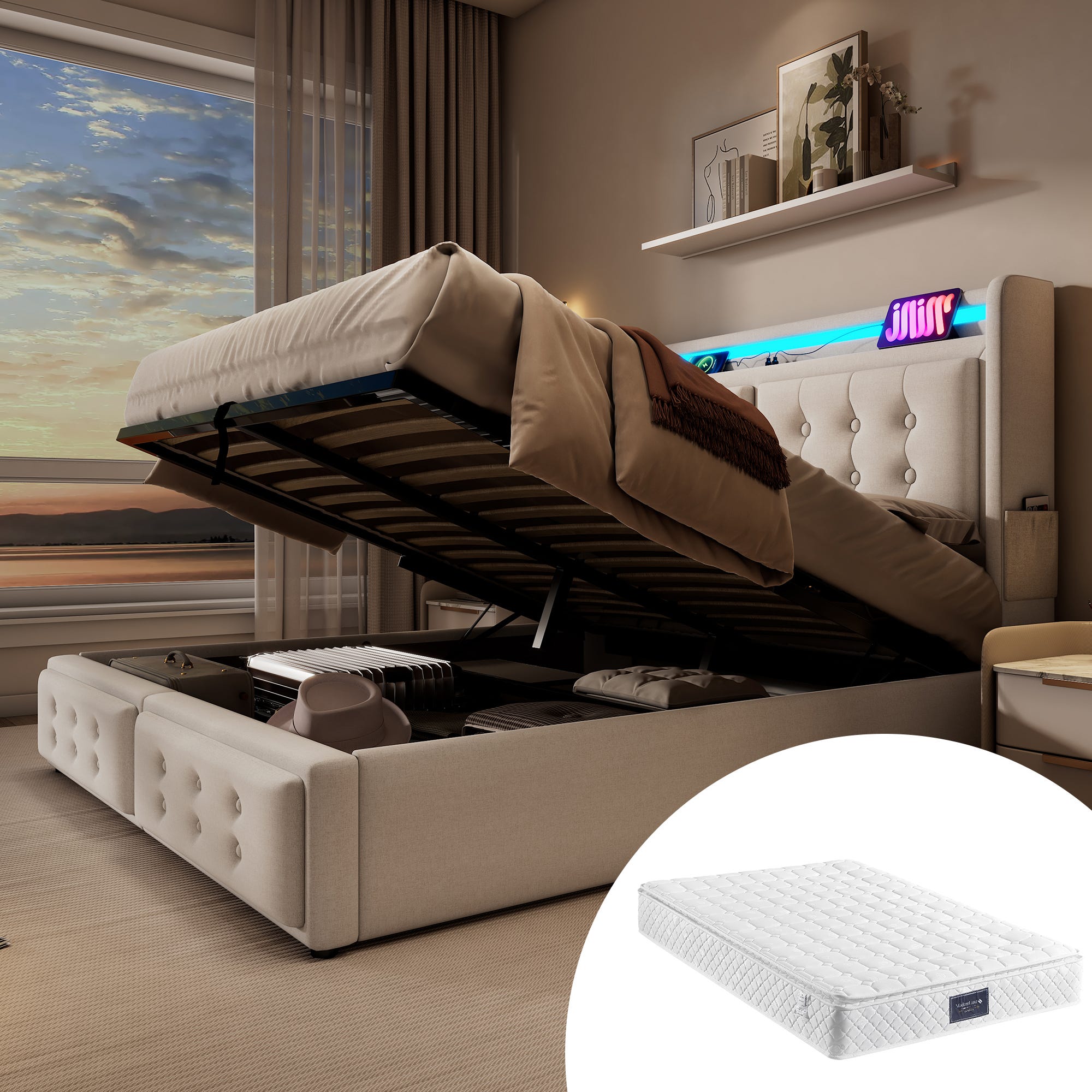 Divano Letto Matrimoniale 160x200 cm con Contenitore e Luce