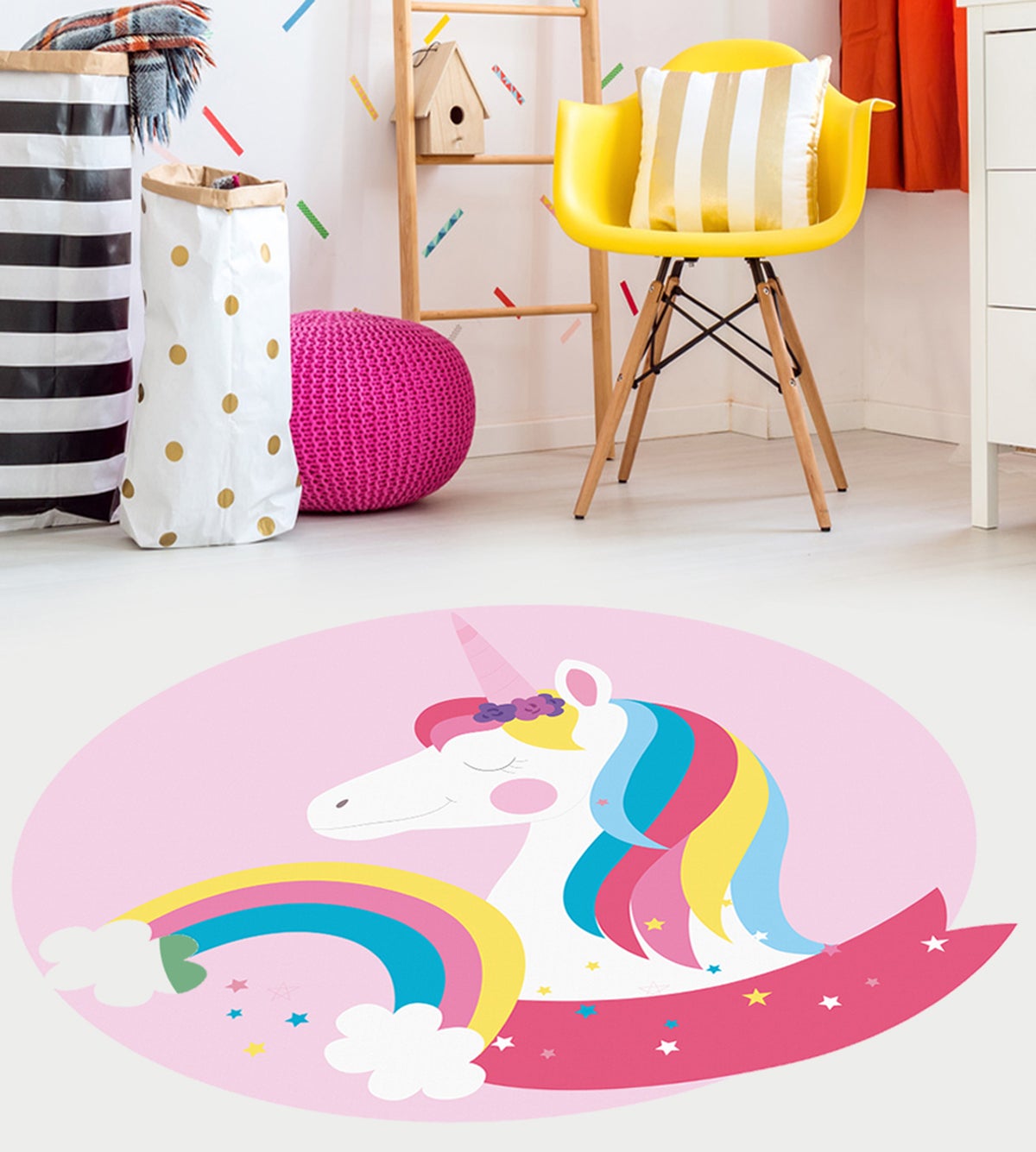 Dziecięcy dywan winylowy Tęczowy jednorożec [średnica] 150 cm - PVC antypoślizgowy, winylowy do pokoju dziecięcego, ognioodporny i zmywalny