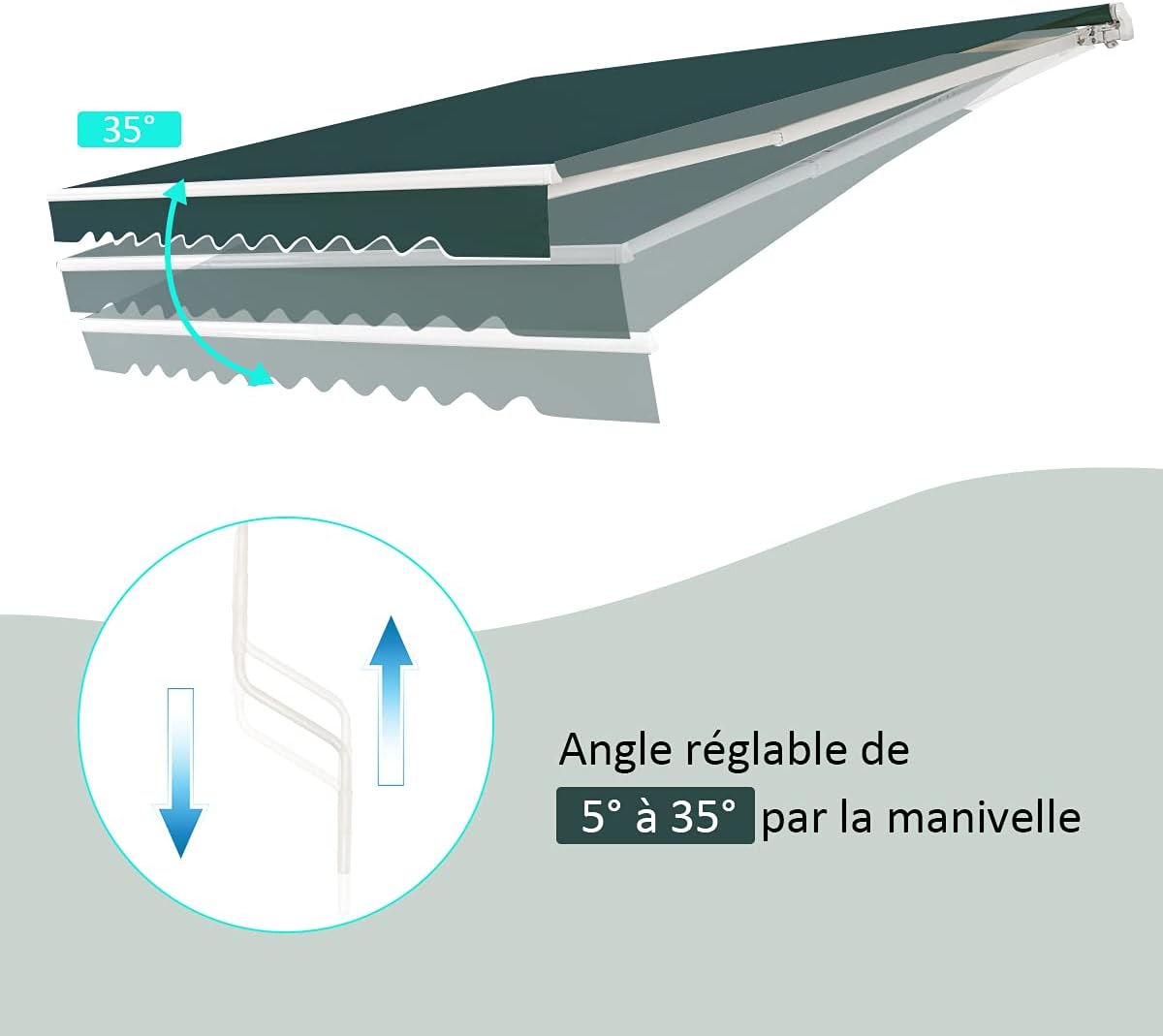 Store Banne Manuel 3Mx2,5M, Auvent de Terrace Exterior e tecido resistente aos UV com manilha e ângulo ajustável 5-35 ° para Patio(Verde) - 4