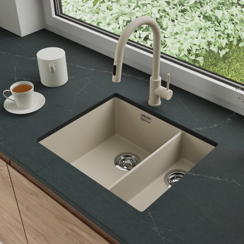 Zlewozmywak podblatowy 56x47cm, do szafki od 60cm + Bateria + Syfon - Agate Beżowy STONESTYLE