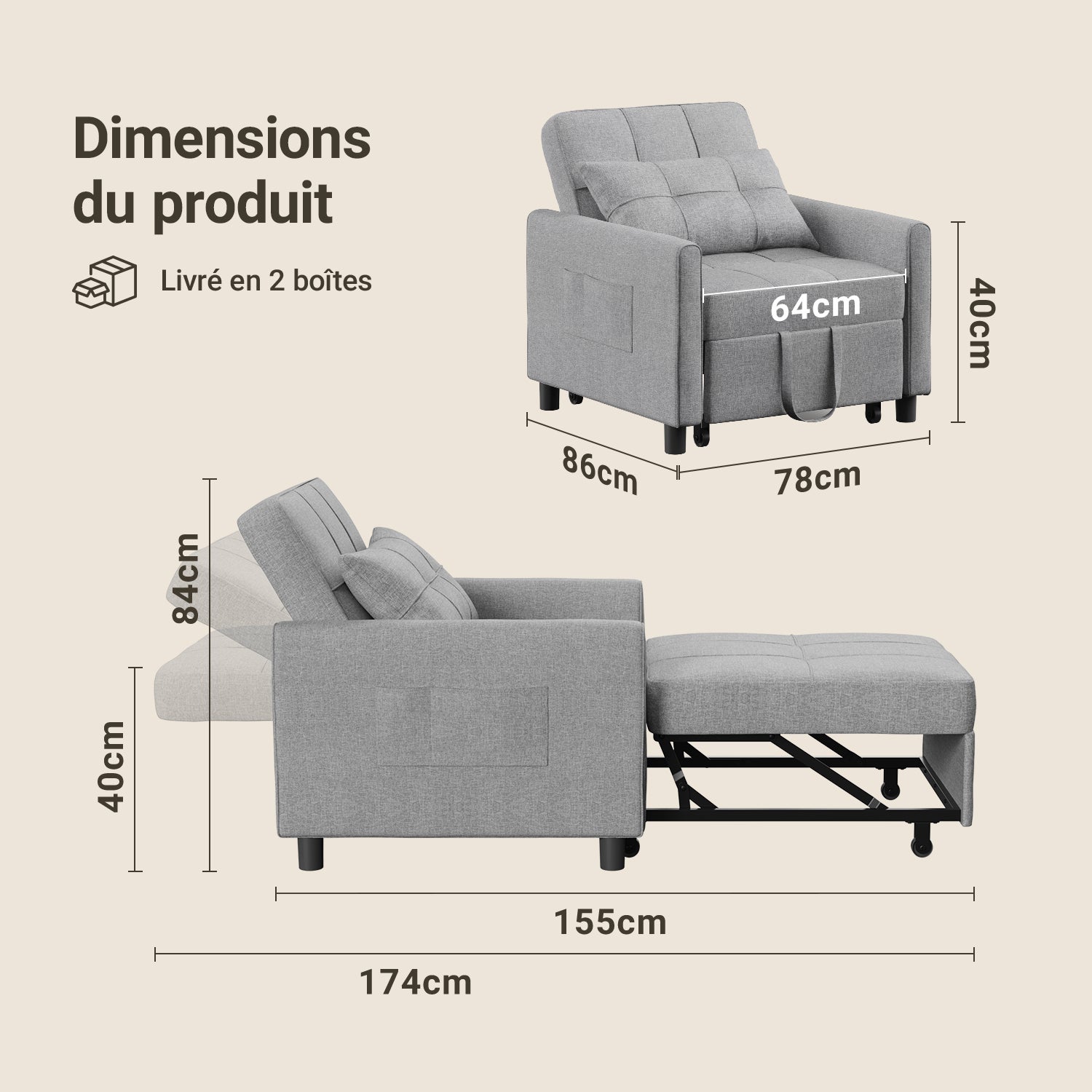 Fauteuil Convertible Fauteuil Lit Canapé 1 Place Chaise Longue Coussin Réglable Rangement Roues Pliante Bealife - 3