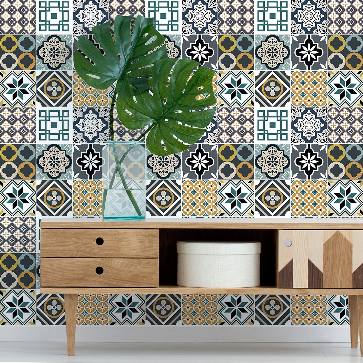 9 vinilos baldosas de cemento azulejos santioni - adhesivo de pared - revestimiento sticker mural decorativo - 9stickers20x20cm