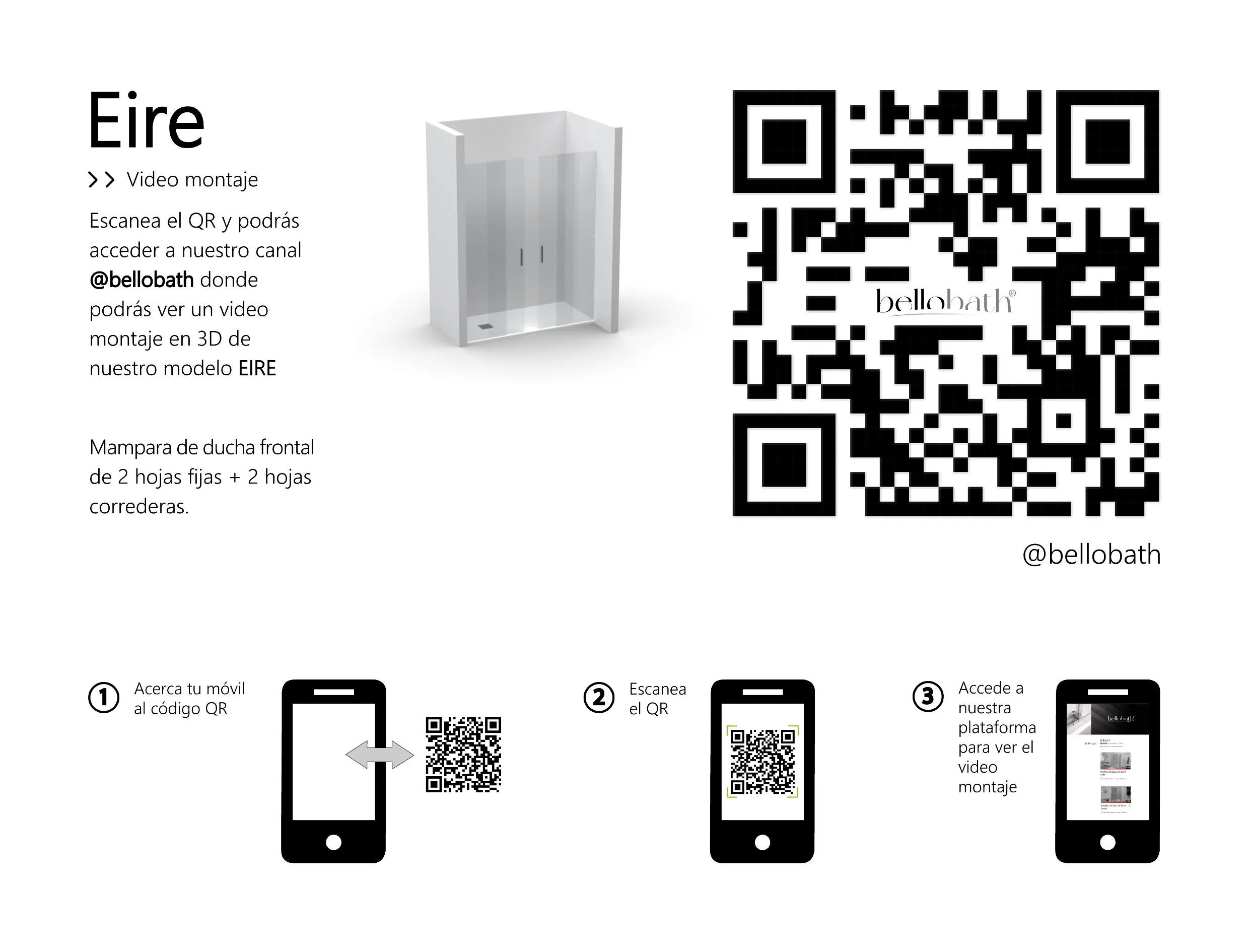 BELLOBATH -Mamparas de ducha frontal 2 hojas correderas + 2 fijos -Cristal templado 6 mm antical -Negro Mate -Ancho adaptable 180-185cm - Alto 195cm - 6