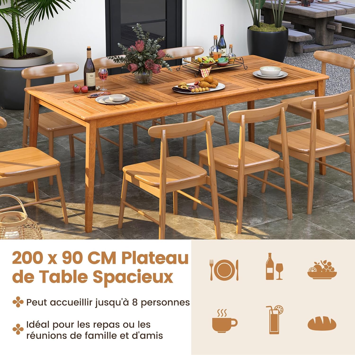 Table de Salle à Manger Extérieur en Bois d'Acacia-FSC 90x200CM pour 8 Personnes,Table Salon de Jardin avec Trou Parasol Intégré, Charge 160KG - 8