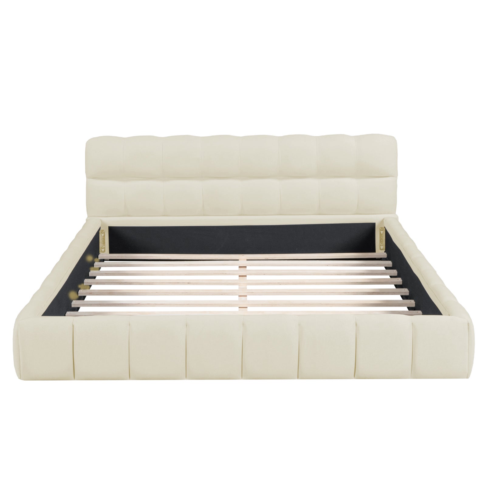 Cama doble 160x200 cm con cabecero forma nube, somier de láminas de madera, estructura metálica, cama acolchada de algodón y lino beige - 7