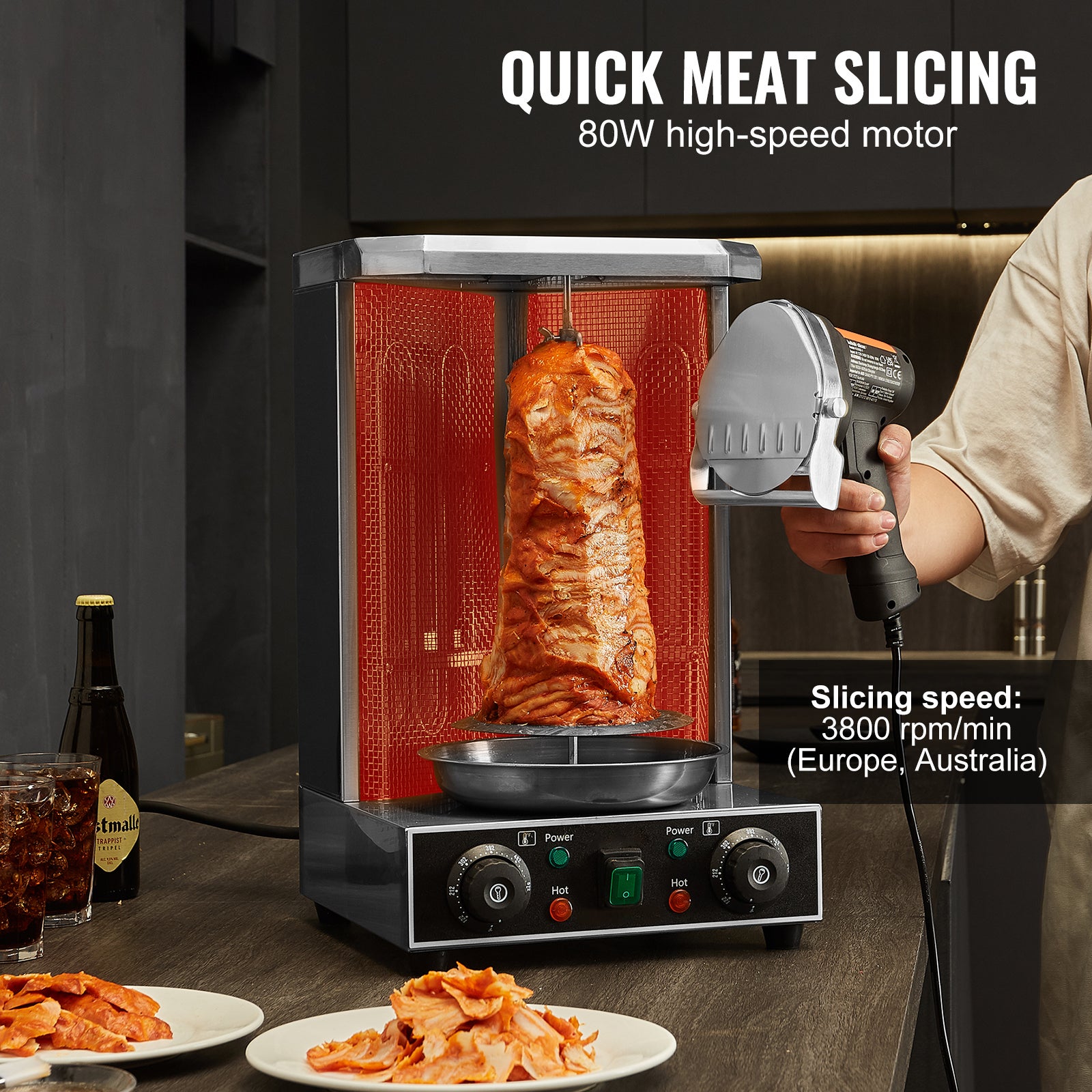 Faca elétrica shawarma SucceBuy 80 W,cortador giroscópico,2 lâminas,espessura ajustável 0 a 8 mm,lâmina 4 