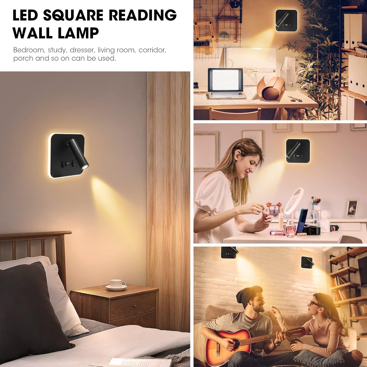 (2 pièces) Applique murale d'intérieur LED, lampe de chevet avec interrupteur, applique murale rotative à 360°, lampe de lecture 3000K - 4