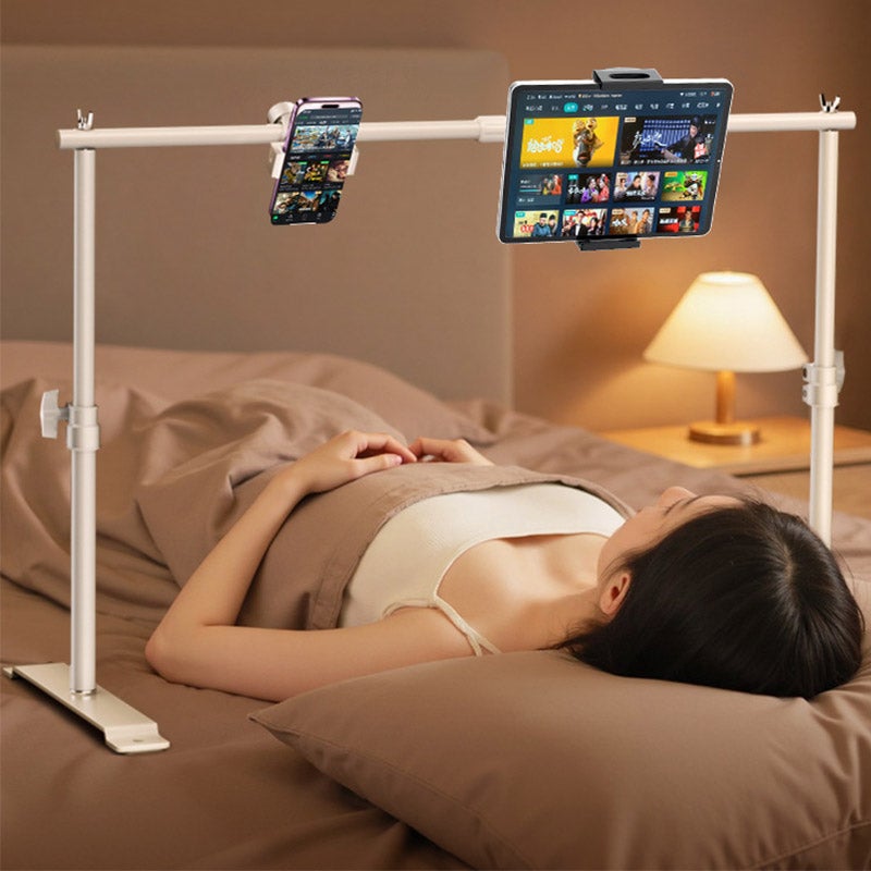 Soporte ajustable doble brazo para tablet y móvil, rotación 360°, aleación aluminio, para cama o escritorio, universal