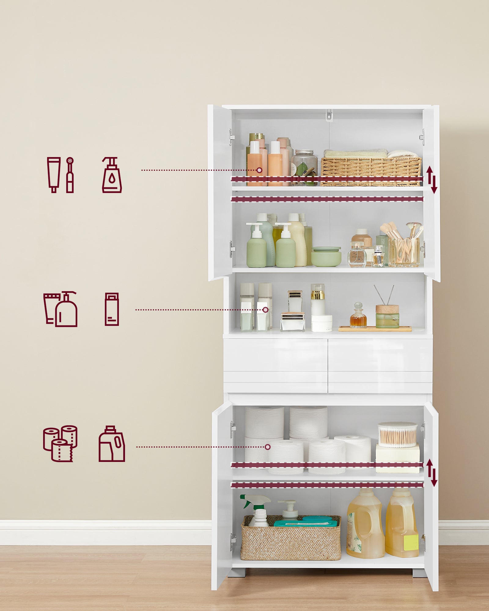 Armoire de Salle de Bain, Meuble de Rangement, Colonne, avec 2 Tiroirs, Étagères Réglables, Compartiments, 30 x 60 x 170 cm, Blanc Nuage - 3