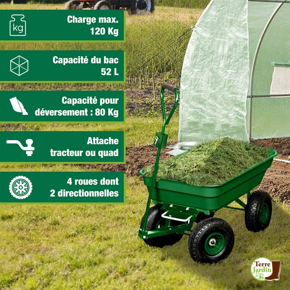 Chariot de Jardin 4 Roues 120 kg - Bac Bascule 52L avec Poignée Amovible - 2
