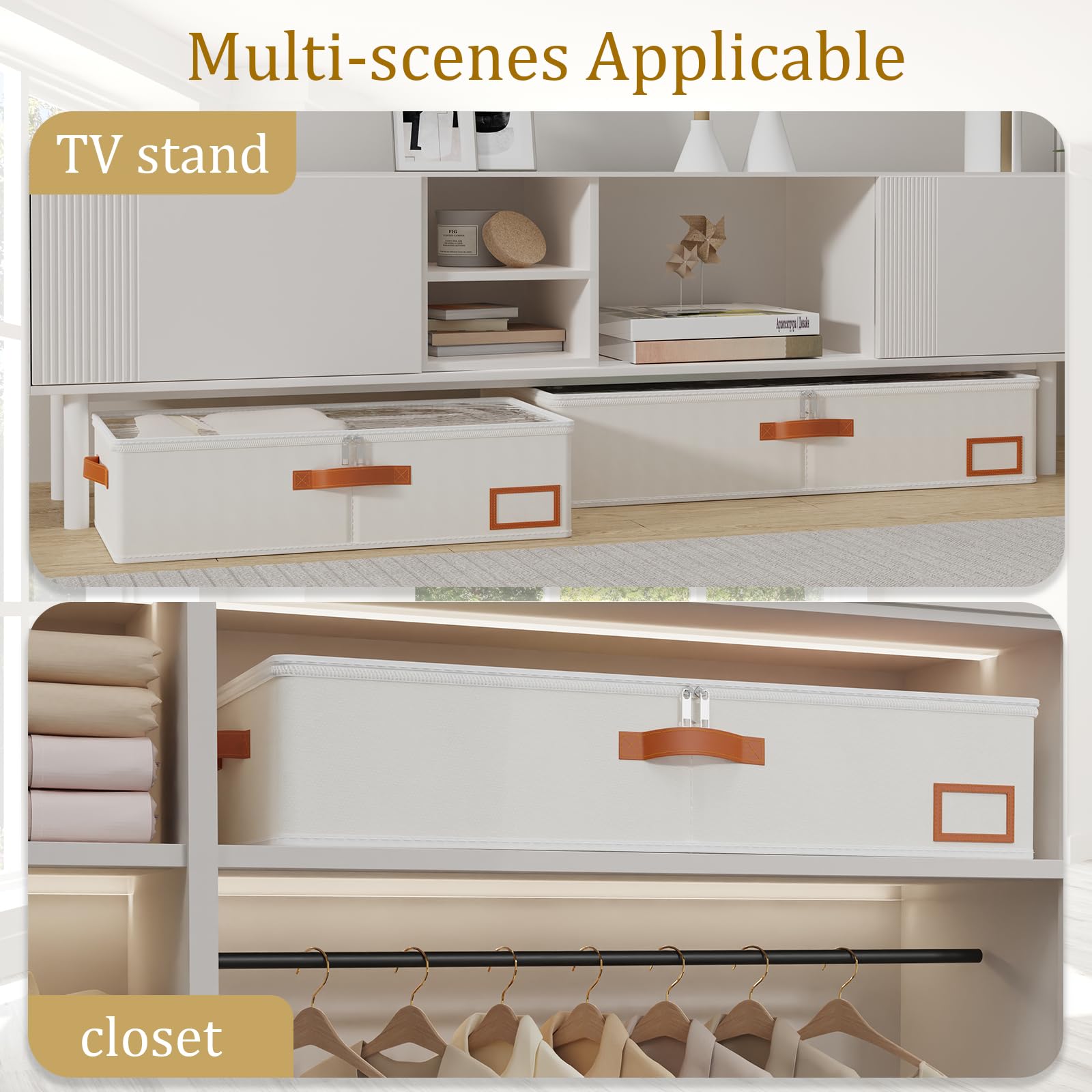2 Pcs Bacs de Rangement Sous Le Lit, Sac à Vêtements Pliable, Fenêtre Transparent et Fermeture éclair, pour la Literie, 80x40x15cm, Beige - 5