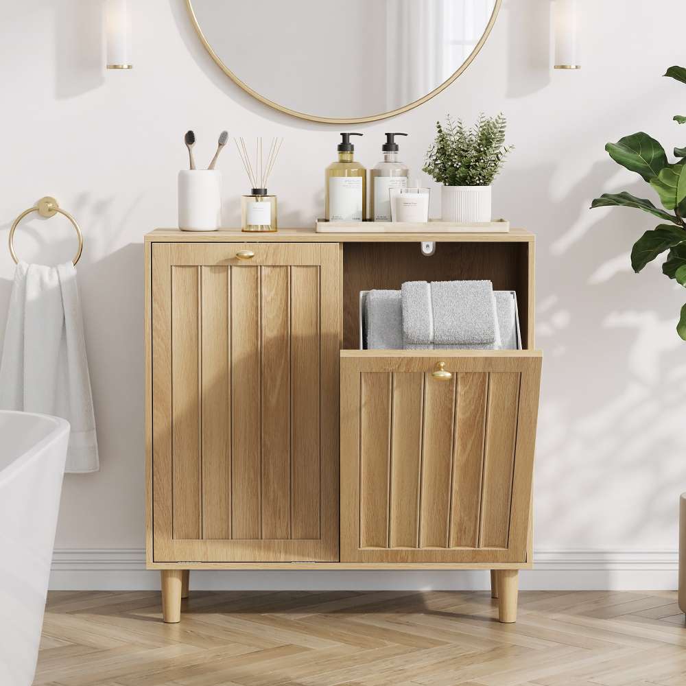 Mueble para ropa sucia inclinado, roble, 69,5x39x70,5cm, 2 cestas extraíbles & kit anti-vuelco