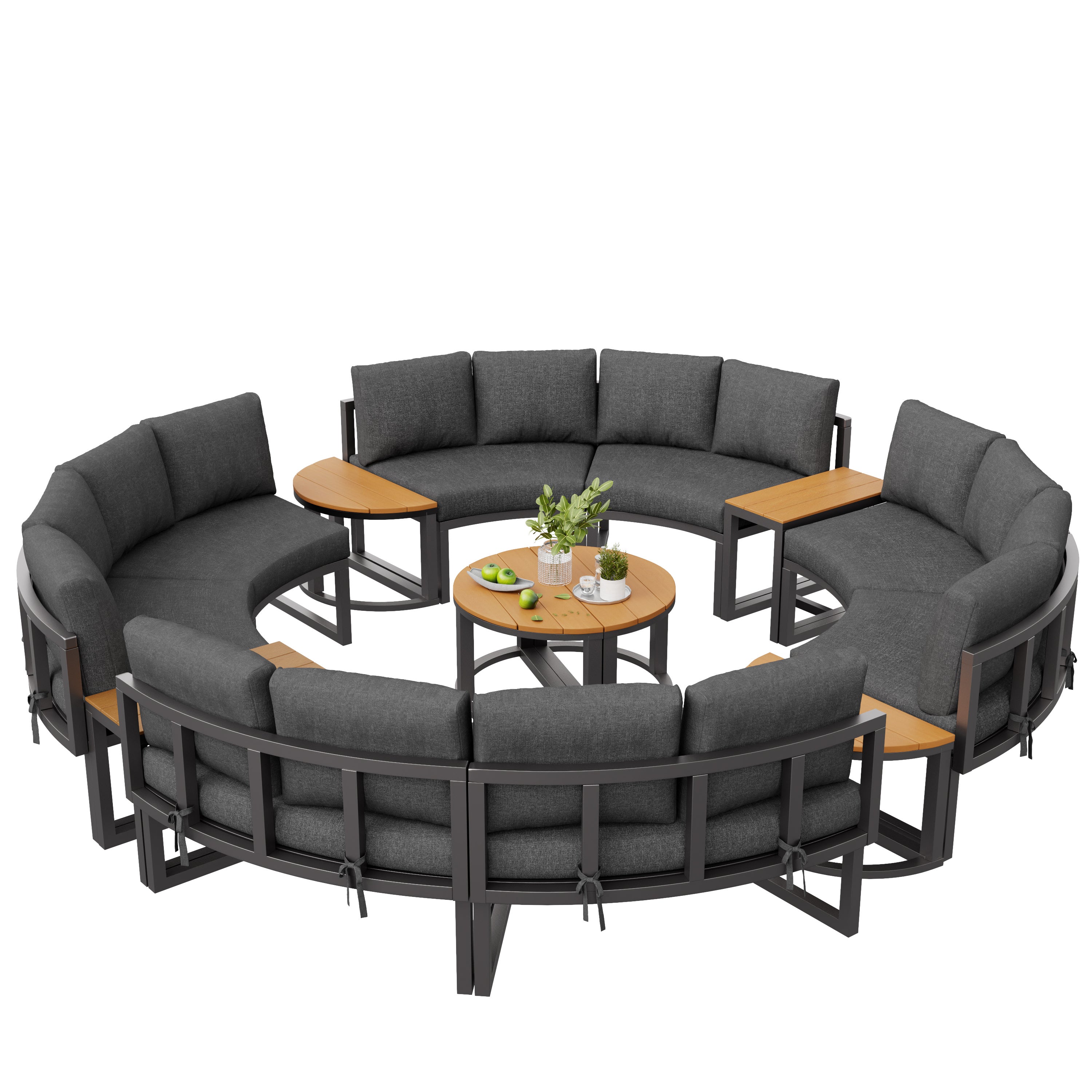 Salon de Jardin Exterieur pour 8 à 12 Personnes, Ensemble de chaises longues de jardin avec coussins et oreillers, Canapé Rond Gris - 8