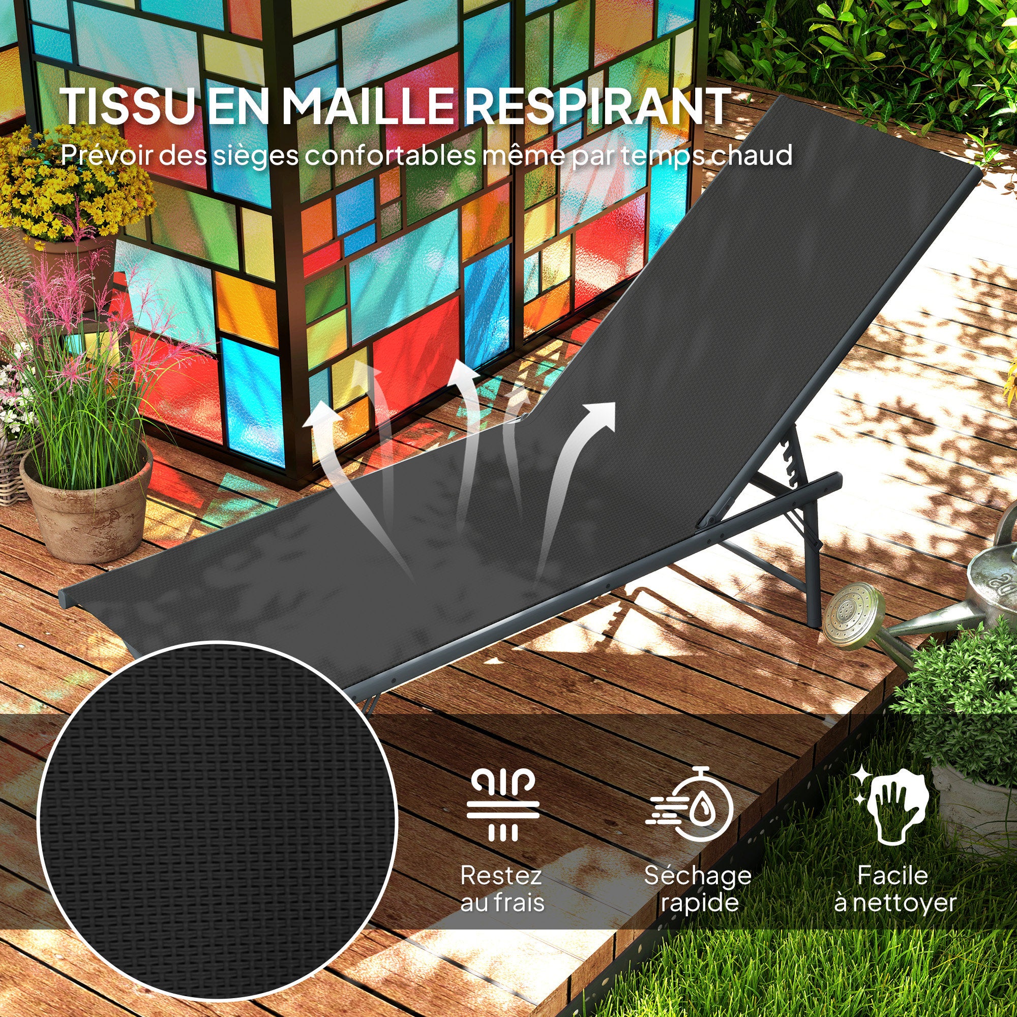Lot de 2 bain de soleil chaise longue pliante textilène transat jardin extérieur inclinable 54 x 164 x 84 cm noir - 7