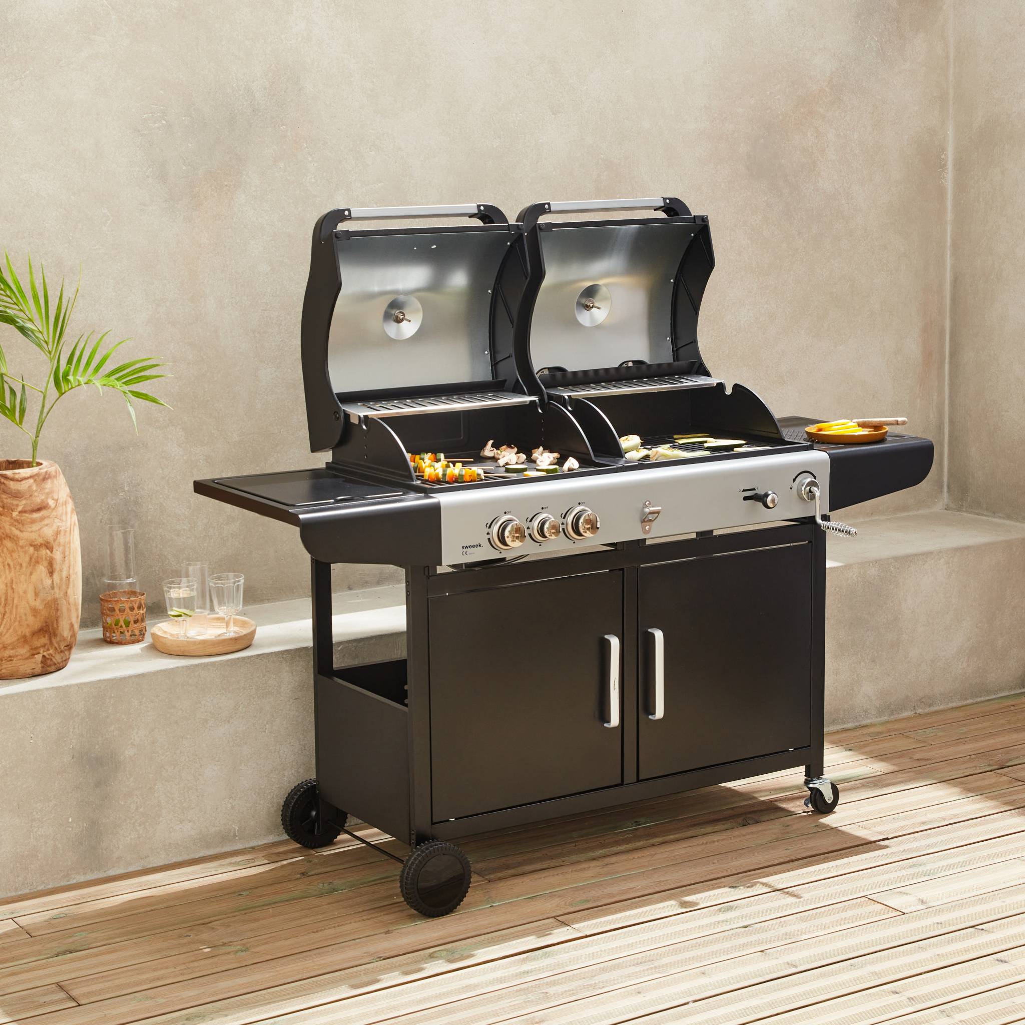Barbecue combinato a gas e carbonella con fuoco laterale, Nero - 3