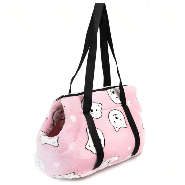 Bolsa de transporte acolchoada para cães e gatos, com estampa de ursinho de pelúcia rosa.