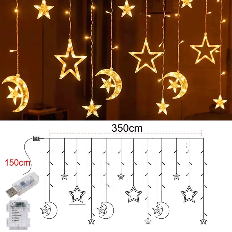 Rideau lumineux LED Star Moon, guirlande lumineuse de Noël de 3,5 m avec télécommande, 8 modes d'éclairage, alimentation USB/batterie, blanc chaud - 2