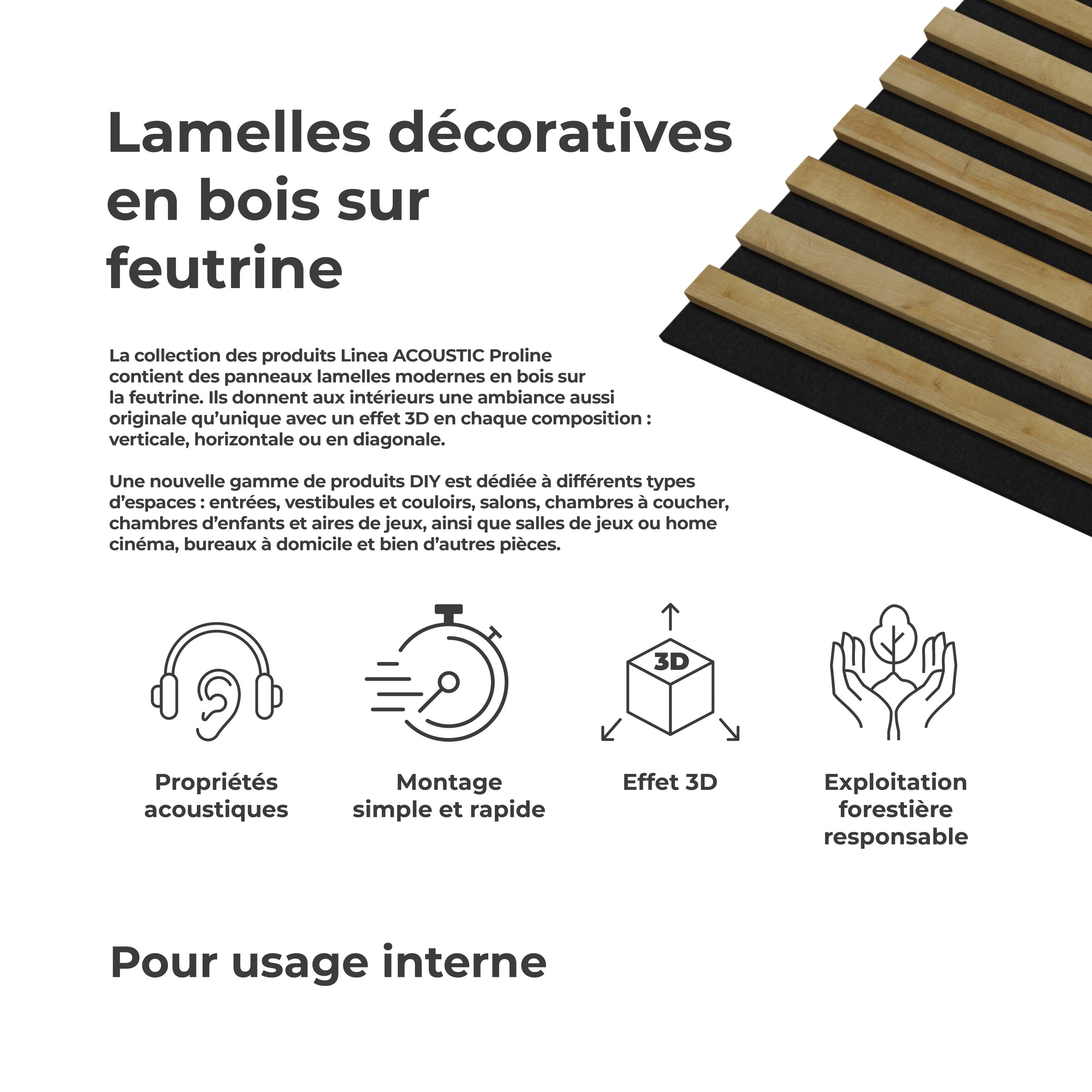 Panneau Tasseau Acoustique effet tasseau bois en feutre 1200mm x 605mm chêne sur noir Linea Proline Stegu - 6