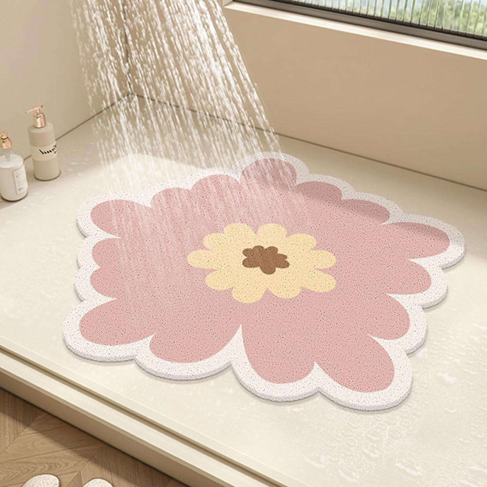 Covoraș de duș rotund cu model floral, 50x50 cm, antialunecare, anti-mucegai, drenaj rapid, PVC lufă, pentru baie (Roz)