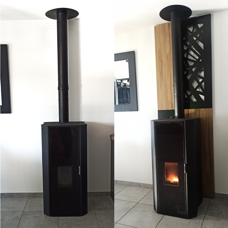 Plaque de protection murale Design Noir + Effet Bois Chêne | Largeur 80 - Hauteur 120cm | deko-poele.fr - 2