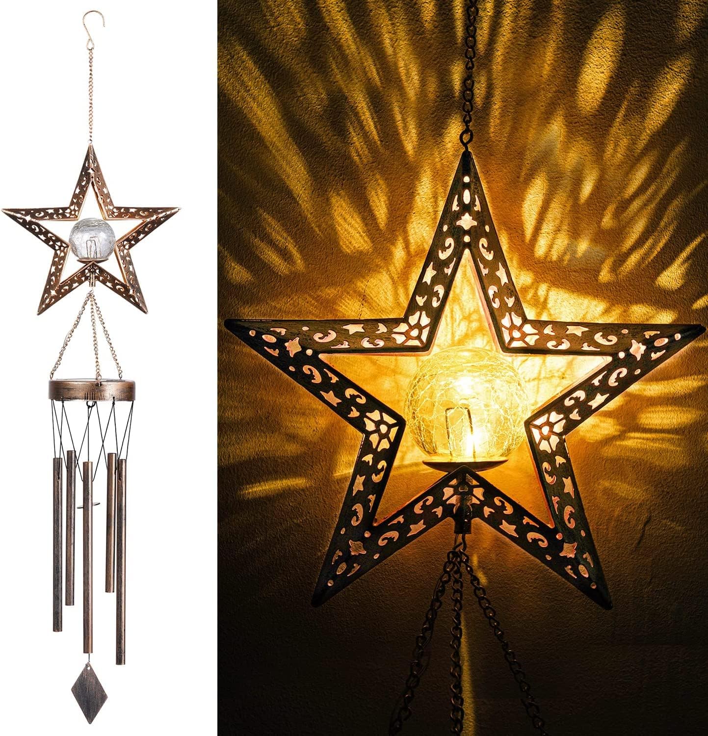 Solarny, wiszący świecznik na podgrzewacze LED w kolorze ciepłej bieli do ogrodu, na imprezę, ścieżkę, krajobraz, gwiazdę