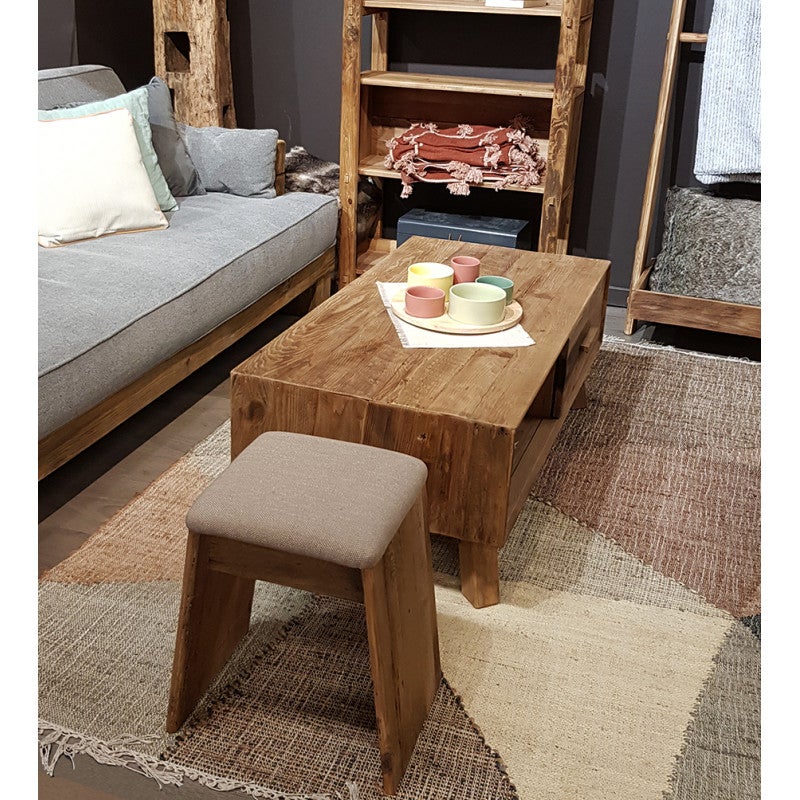 Tabouret en bois massif recyclé et tissu rembourré beige - CHALET - 3