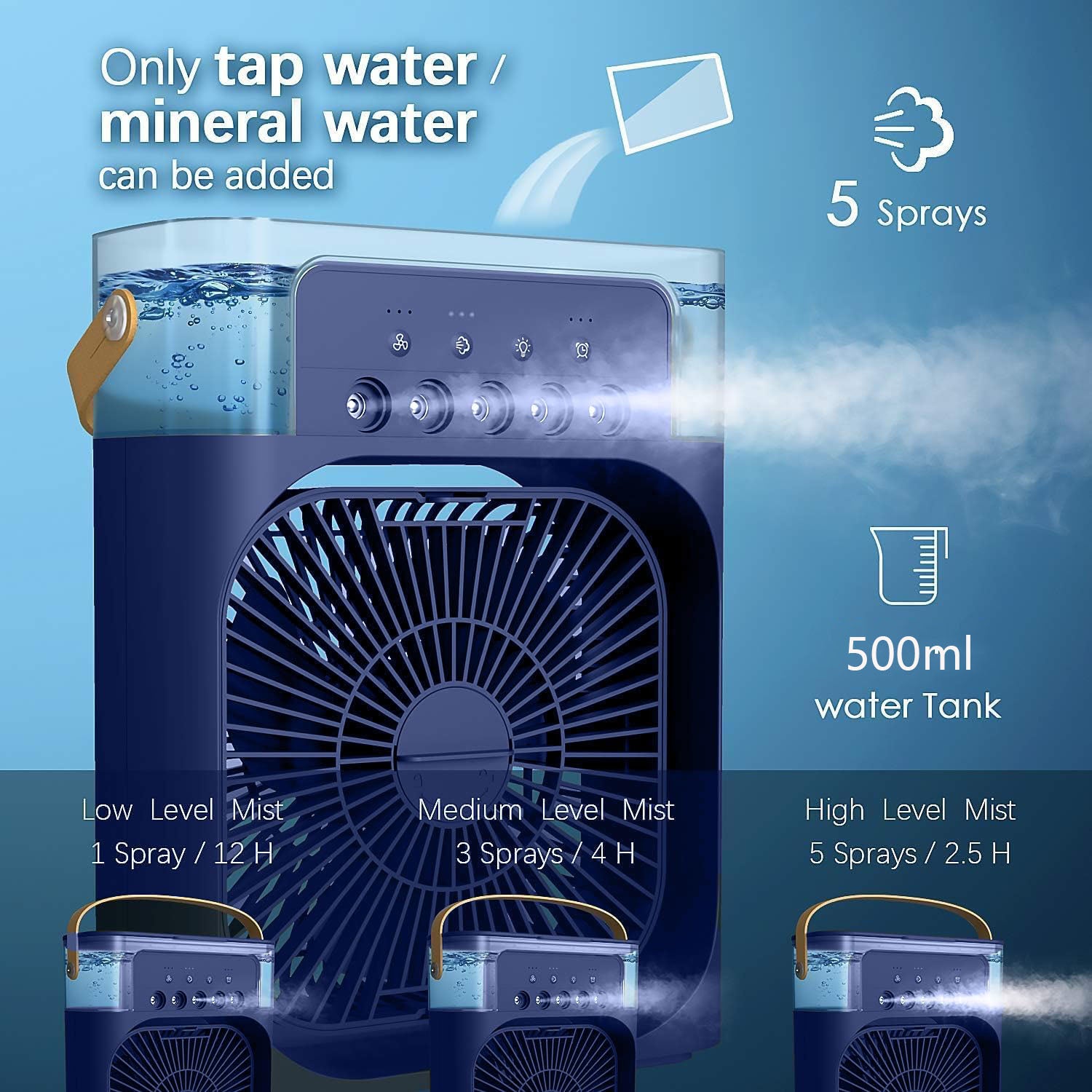 Petit refroidisseur d'air 10 W, ventilateur de refroidissement ultra-silencieux, 3 vitesses, réservoir d'eau de 500 ml, 7 lumières LED colorées, bleu - 2