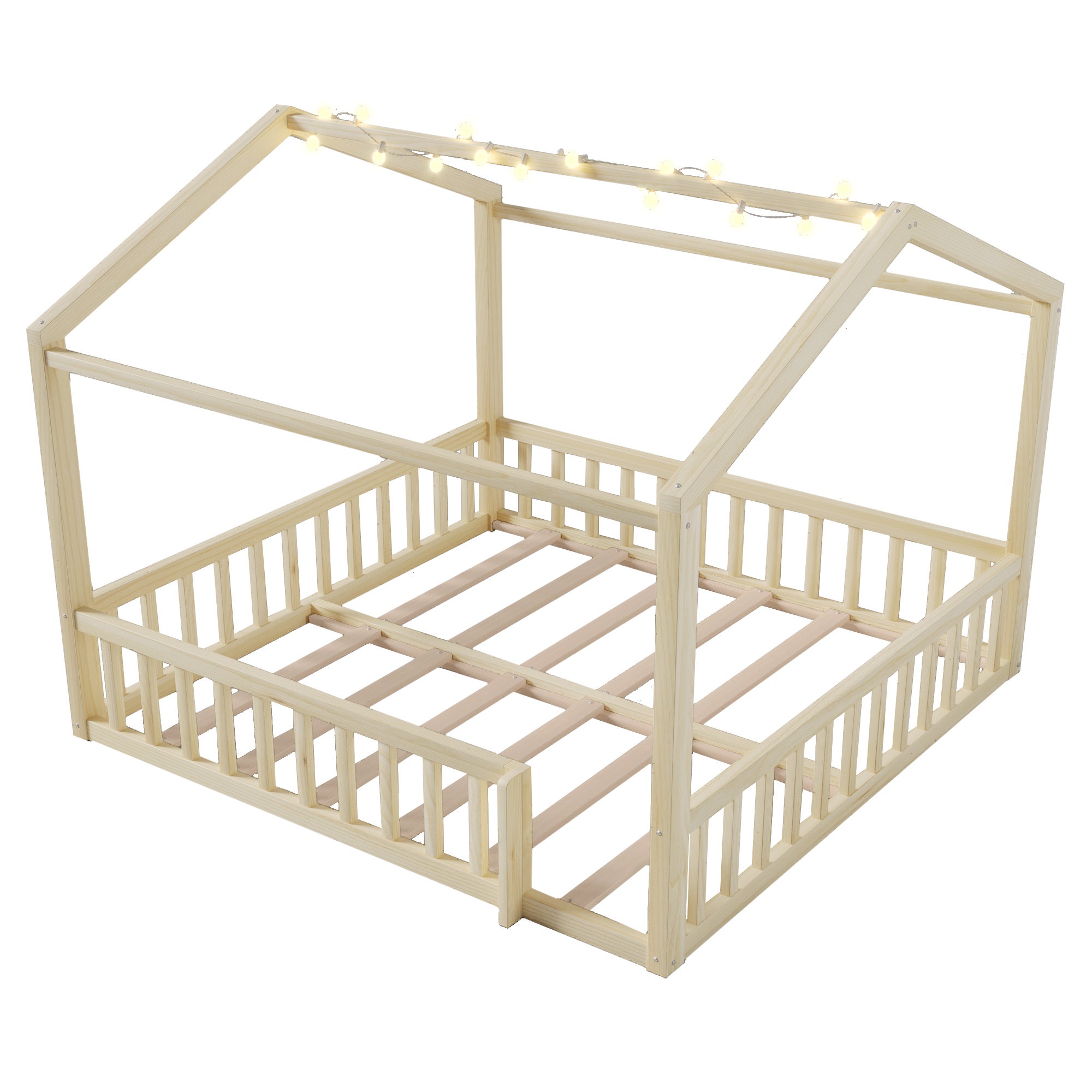 Lit enfant enfant Lit double 180x190 cm avec barrière, 90x190 cm x2 , style minimaliste, pin, LED intégrées, Natural - 9