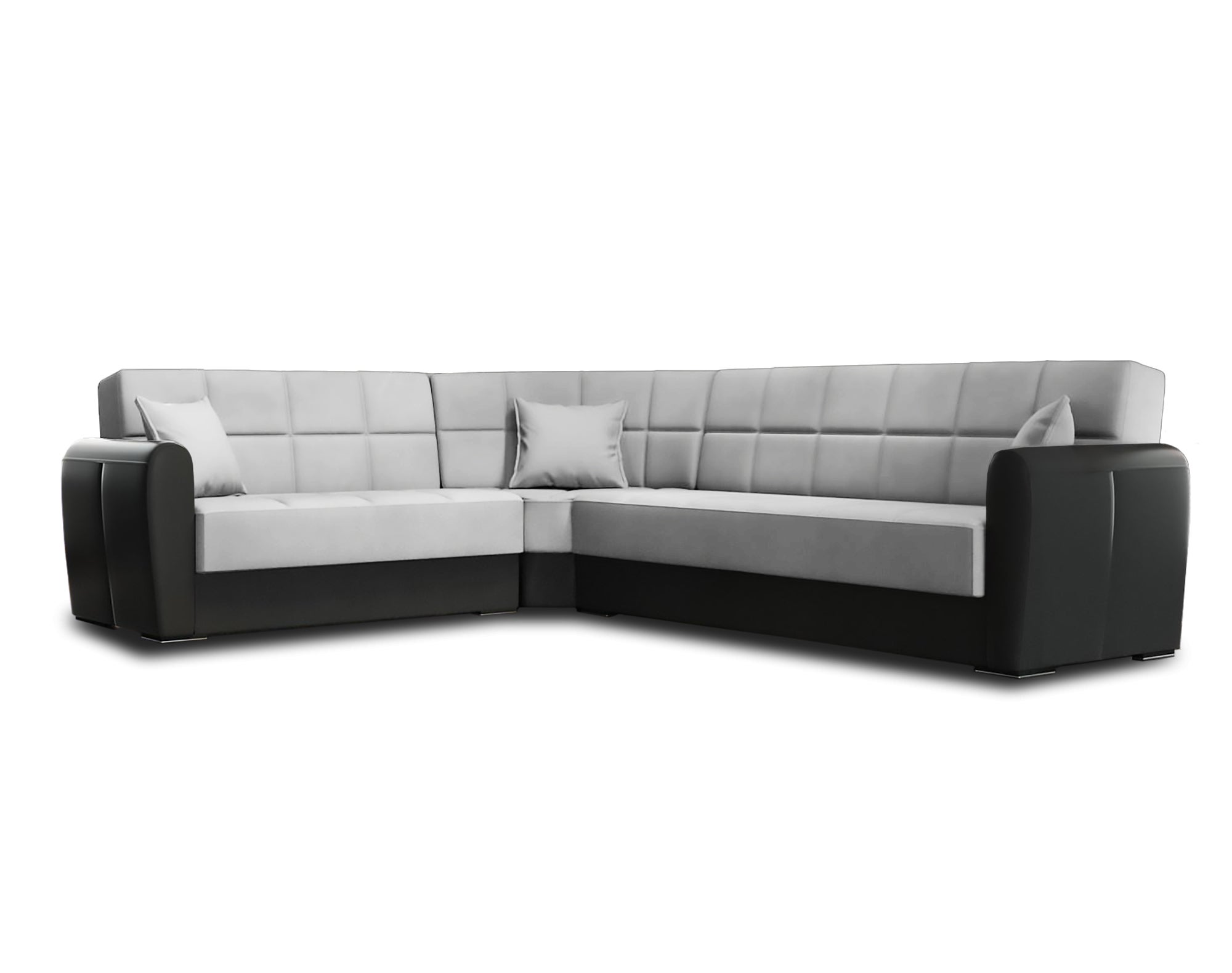 Sofá cama con península gaillardia, sofá contenedor en ecopiel y tela, sofá con apertura click-clack, 305x238h91 cm, negro y gris claro