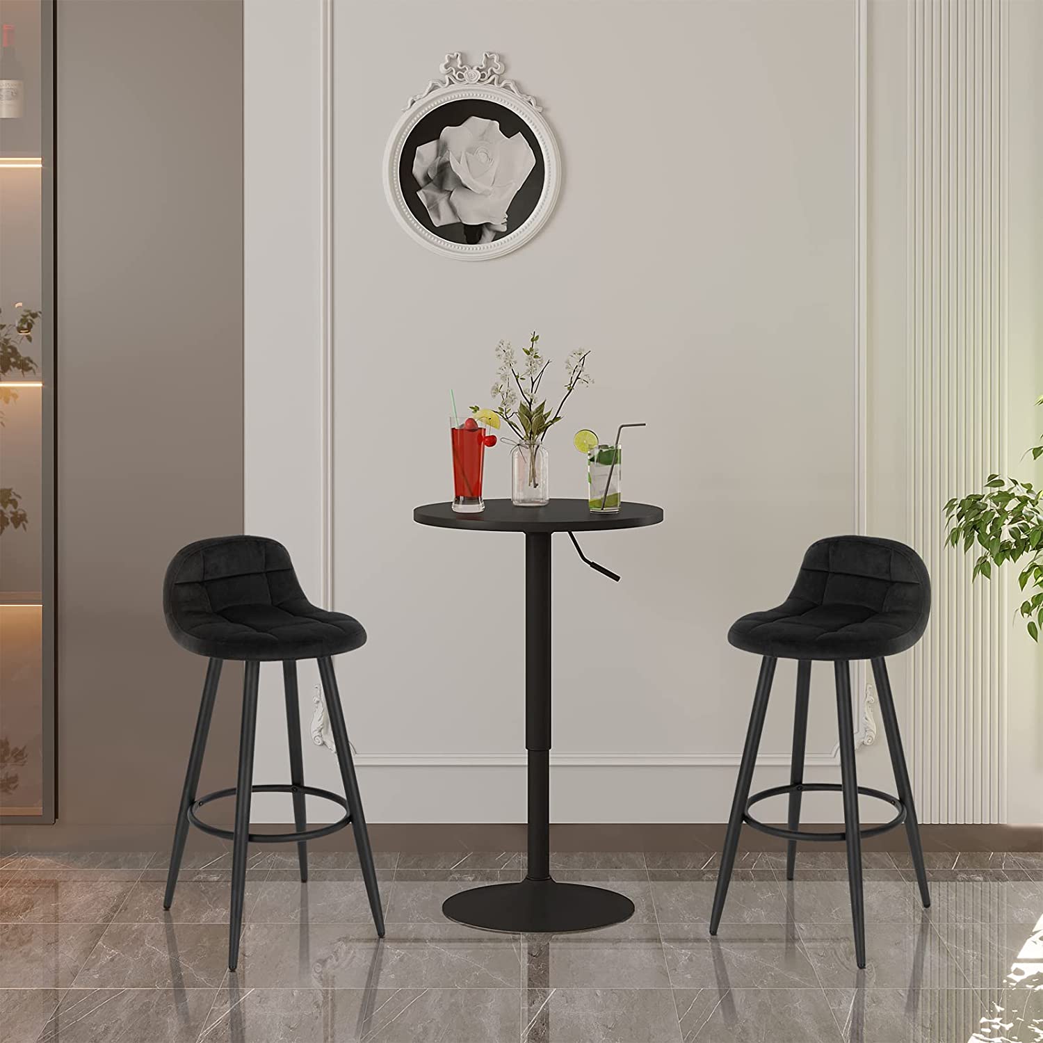 Lot de 2 Tabourets de Bar Modernes WOLTU, Chaise de Cuisine Haute en Velours et Métal, Hauteur d'Assise 70cm, Noir - 2