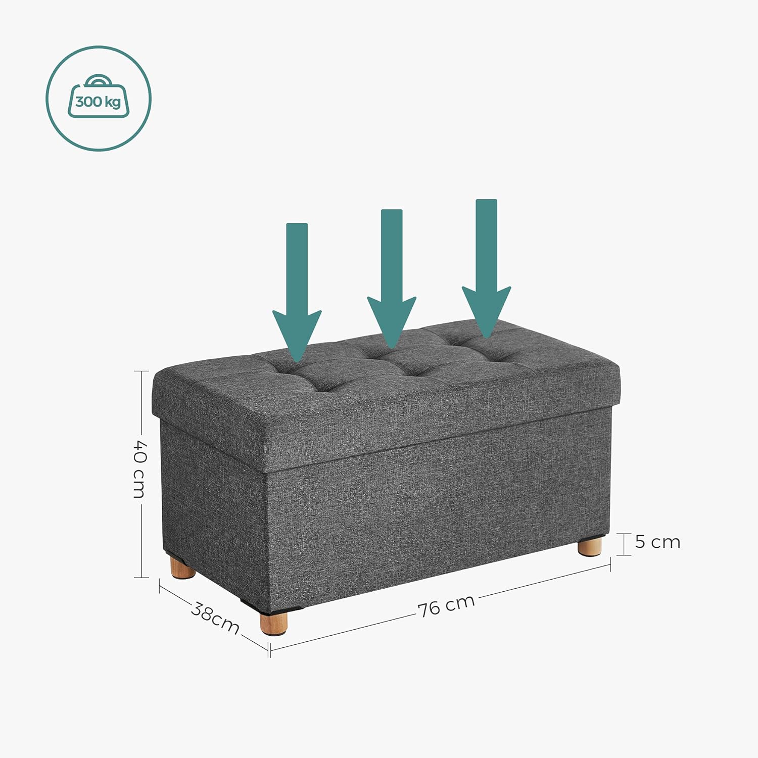 Banc de Rangement, Tabouret rembourré Pliable, 76 x 38 x 40 cm, Coffre avec Couvercle, Volume 65L, Capacité de Charge 300 kg, Gris foncé - 5