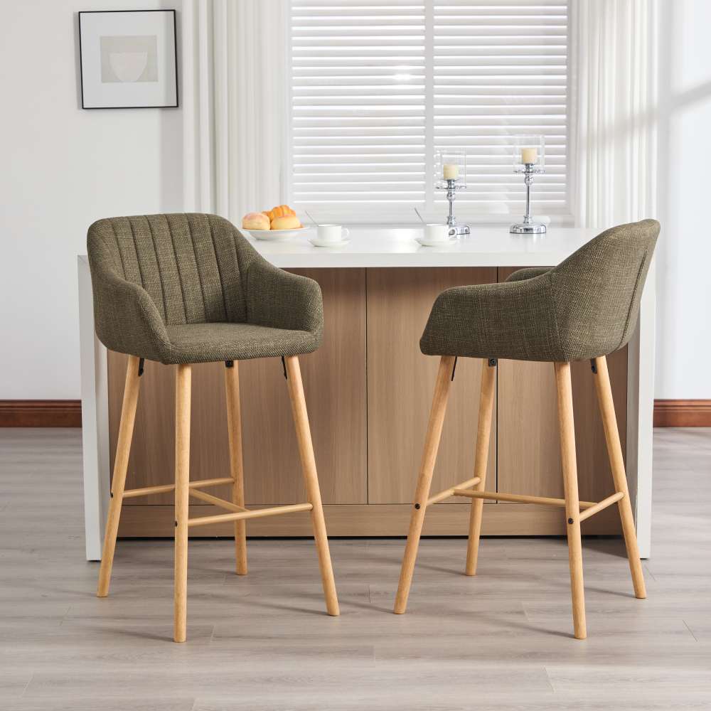 Tabouret de bar moderne vert en lin avec dossier haut et accoudoirs, pieds en bois, lot de 2, style européen pour cuisine ou îlot - 5