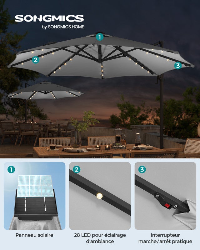 Parasol de Jardin 300 cm, 28 LED Solaires, UPF 50+, Pivotant à 360°, Inclinaison Fluide, Manivelle, avec Base en Croix, Gris Tourterelle - 2
