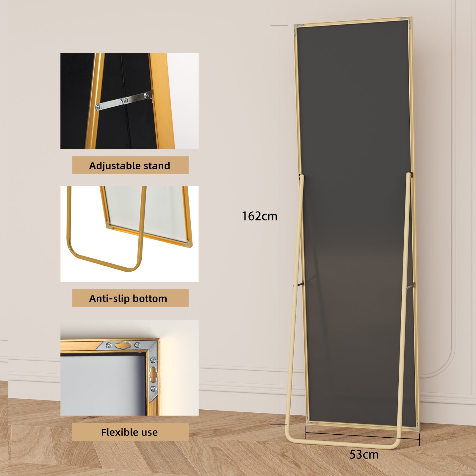 Miroir sur pied classique 162x53 cm - Grand Miroir rectangulaire - Cadre en Aluminium - Salon, Chambre à Coucher, Dressing - Doré - 5