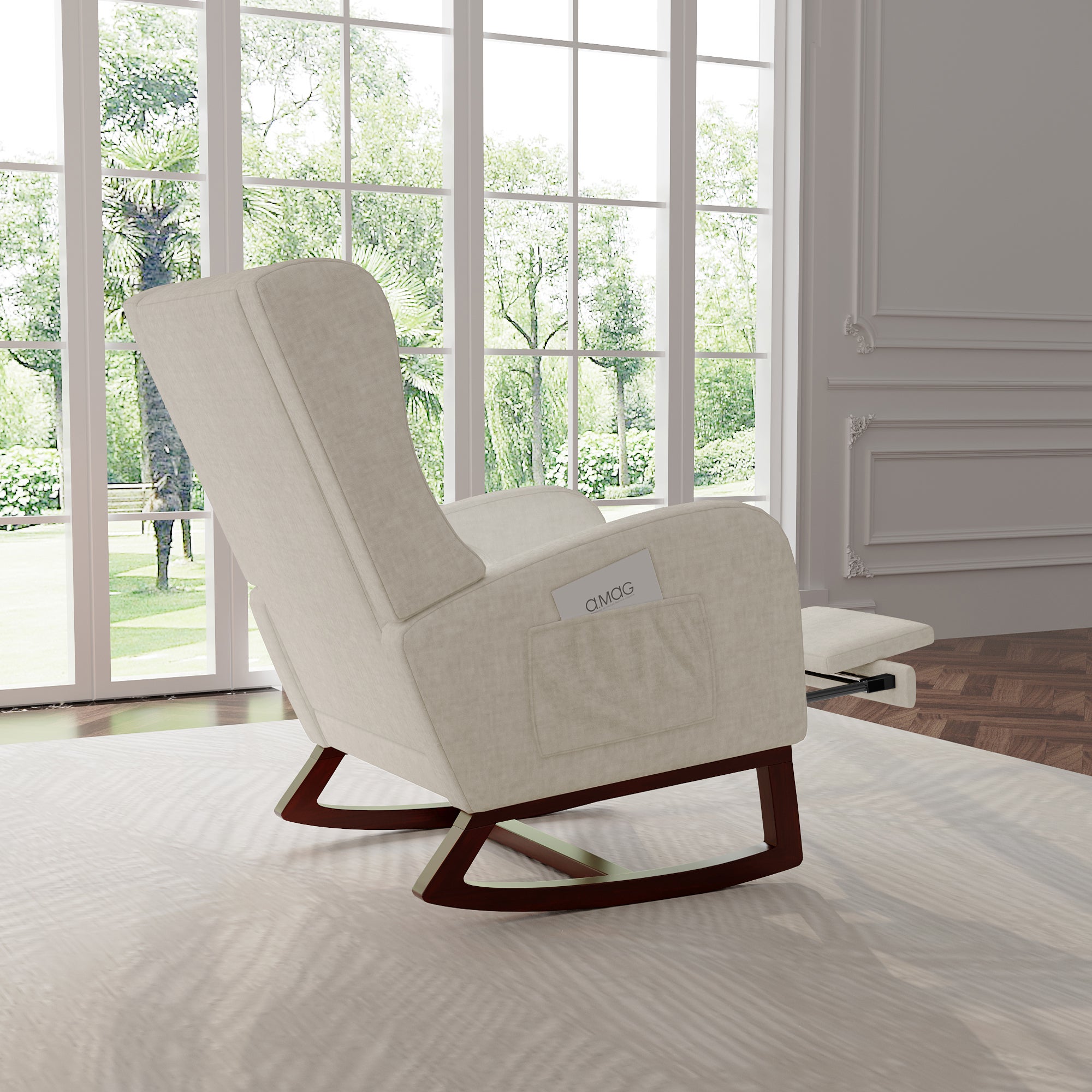 Fauteuil à Bascule avec Repose-Pieds, Chaise a Bascule Allaitement Rocking Chair intérieur extérieur Fauteuil allaitement avec Pocheen Bois, Beige - 7