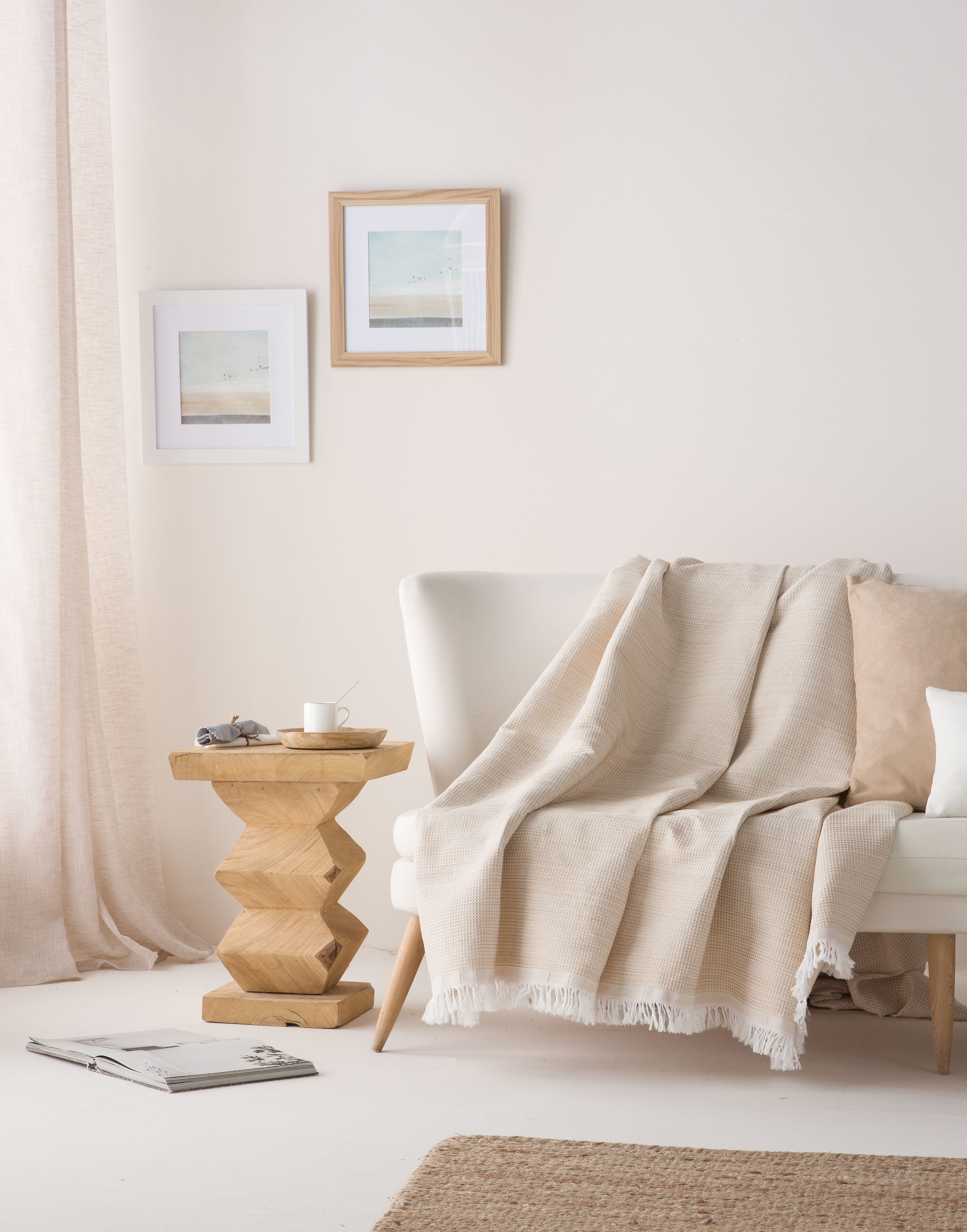 Plaid couvre-lit polyvalent, jeté de canapé Nid d'abeille coton 140x180cm coloris Beige - 2