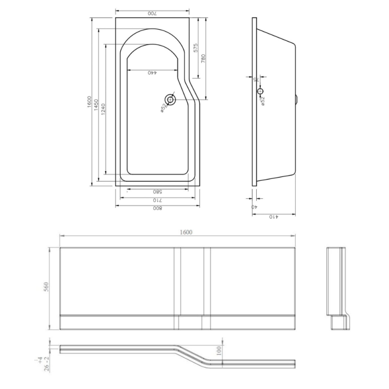 160x80 cm Beata Plus baignoire bain/douche asymétrique en acrylique, gauche + tablier 160 cm + pieds, blanc (BE1600LPLUS-SET1) - 5