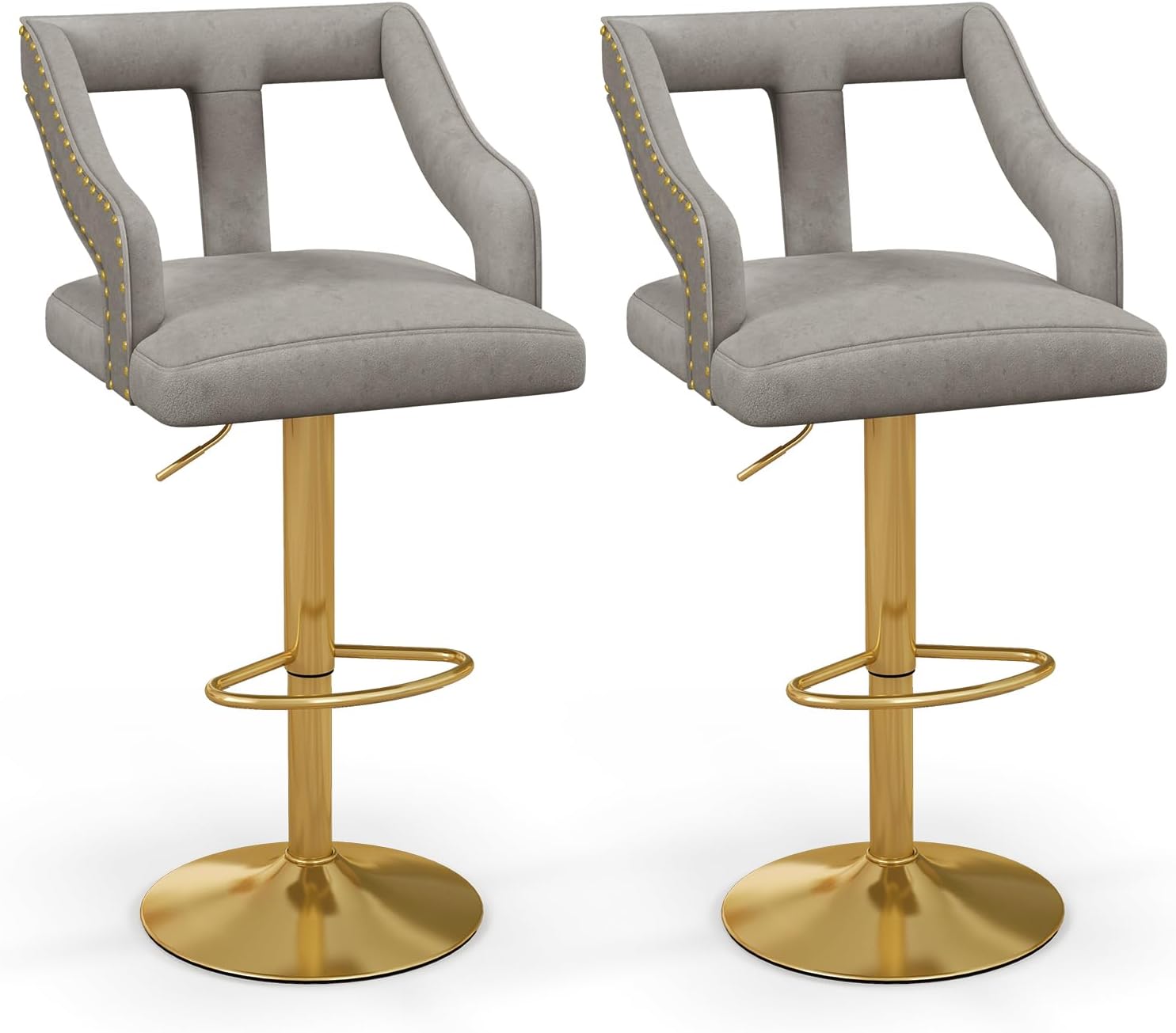Zestaw 2 Obrotowych Stołków Barowych z Holenderskiego Aksamitu, Regulowane Krzesła Barowe z Wyciętym Oparciem, do Kuchni, Bistro, Kawiarni (Szare)