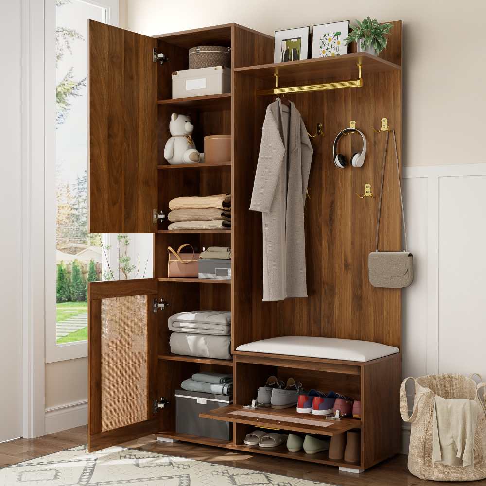 Set di Armadio con Specchio, Illuminazione LED a 16 Colori, 6 Ganci Dorati, Scarpiera e Panchina, Design Moderno per Entrata - 4