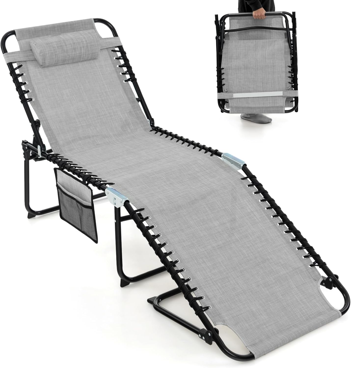 Leżak do opalania z zagłówkiem i kieszenią boczną, składany leżak ogrodowy z regulowanym oparciem, leżak plażowy, obciążenie do 150 kg, (kolor szary)