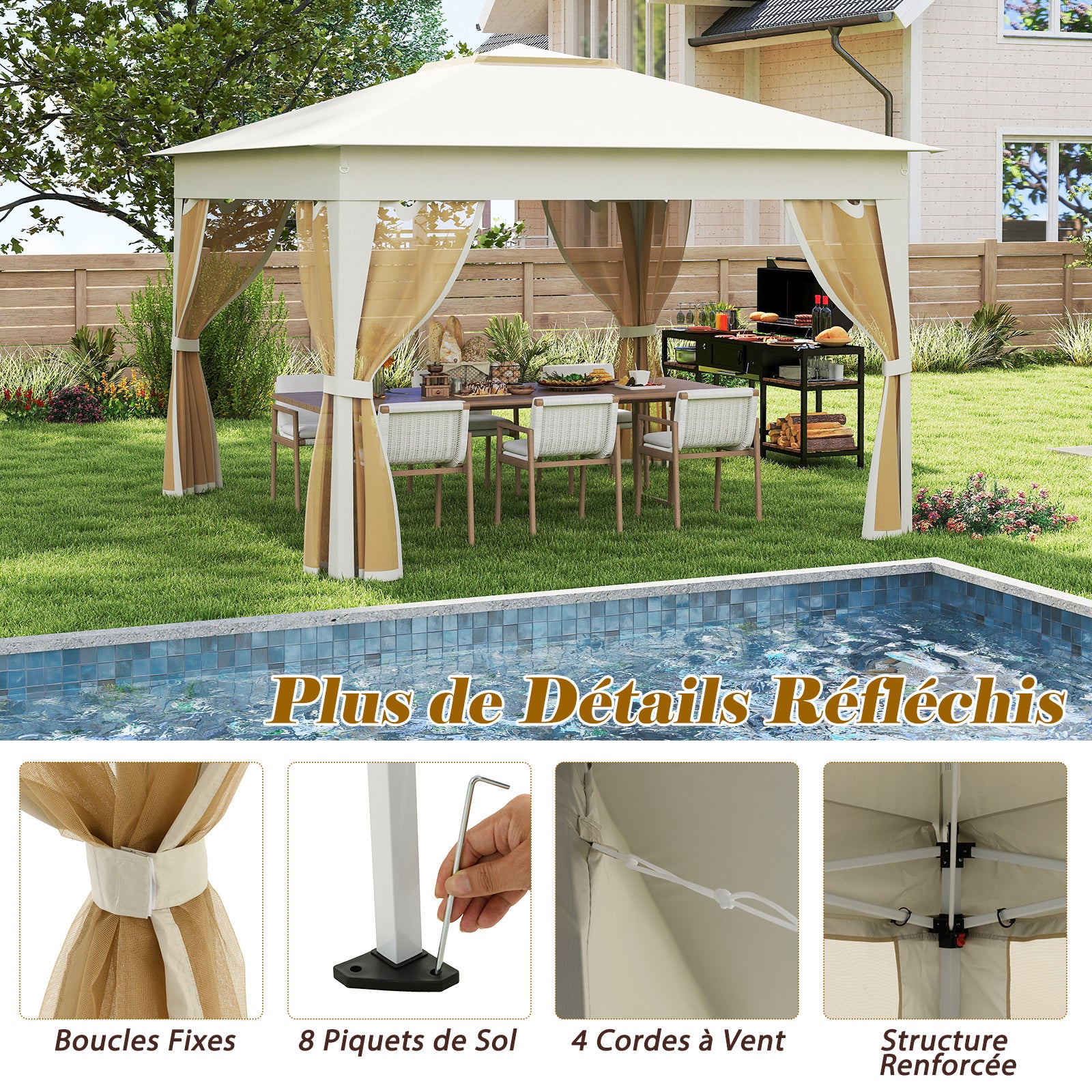 Tonnelle de Jardin 337 x 337 CM avec Filet en Maille 4 Côtés, Tente de Réception à Double Toit avec Sac de Transport Protection Solaire, Beige - 7
