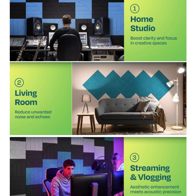 QWINERN 12PCS felt painel de absorção acústica, painel de isolamento acústico de alta densidade, painel de decoração de parede verde, 30x30cm - 4