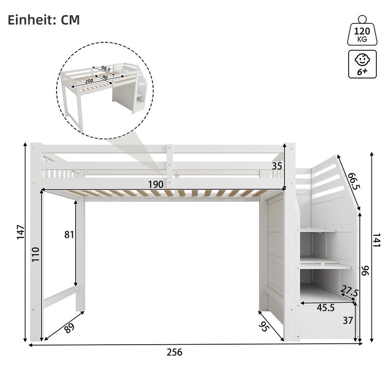 Lit mezzanine 90x200,Multifonctionnel Lit Superposé Enfant avec Escaliers de Rangement et Barrière,Lit Hauteur en bois ,Blanc - 4